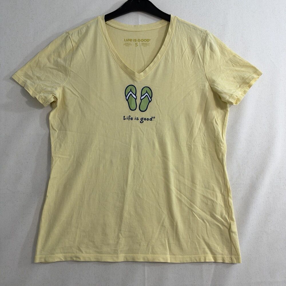 Life Is Good Women's Small Flip Flops V-Neck Graphic T-Shirt Light Yellow